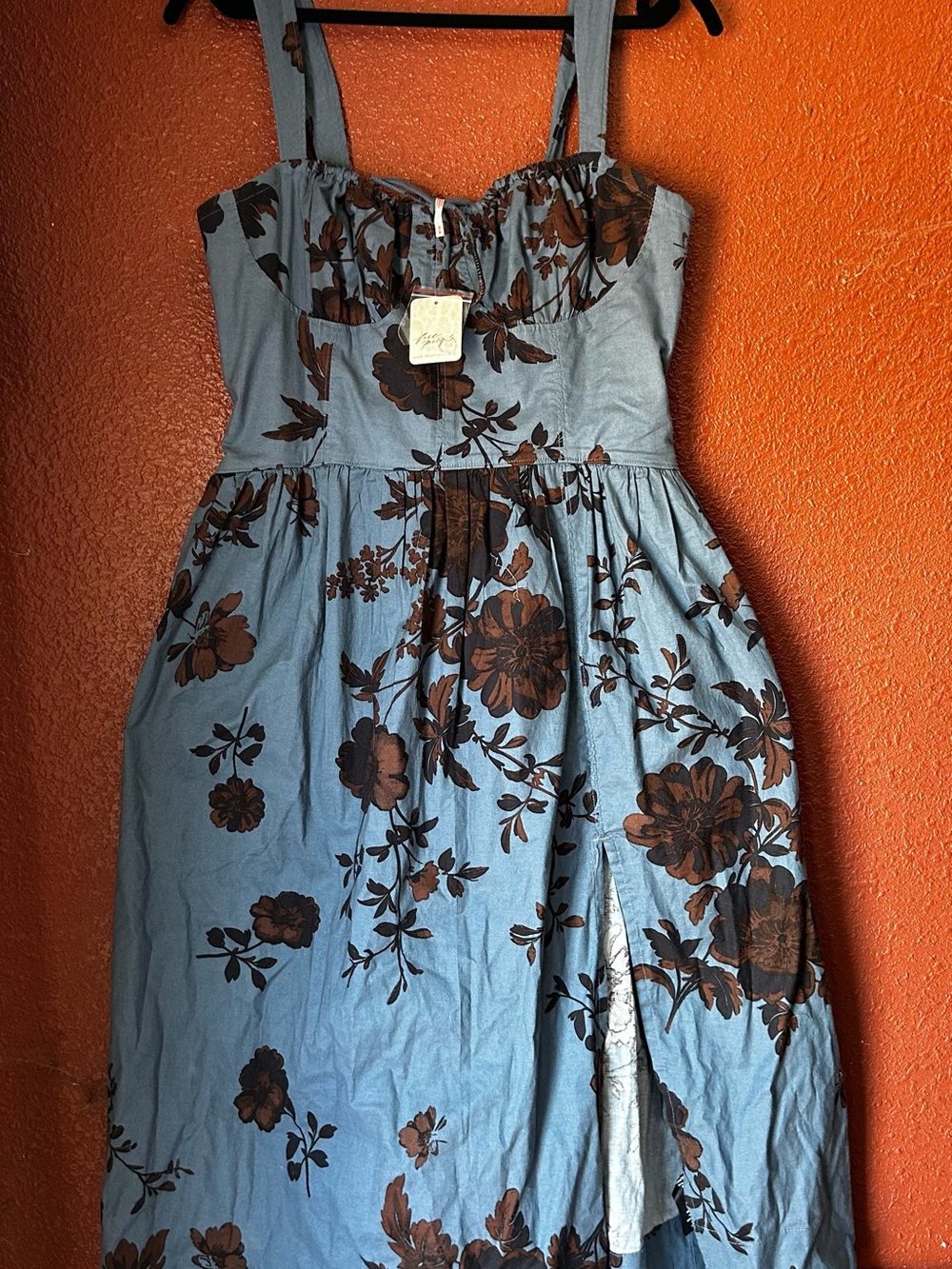 Free People Blue Midi Dress with Brown Floral Print
